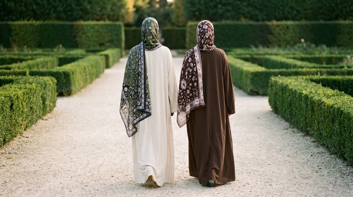 Two women in printed modal hijabs walking through a garden