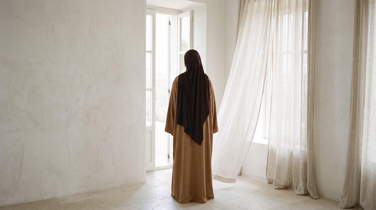 Woman in a camel abaya and chocolate premium jersey hijab by a window with linen curtains